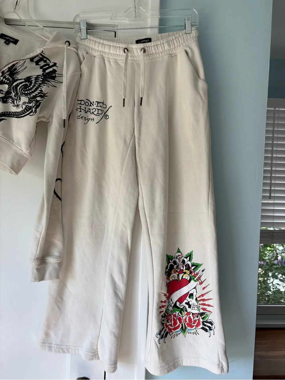 Ed Hardy Y2K Brave Eagle Cropped Wide Leg Ivory Cream Tracksuit Goth Grunge Set